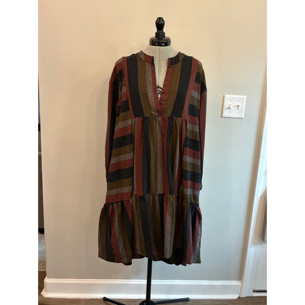 Gigio USA Striped Cotton Tiered Midi Dress Rust Olive Black Size S